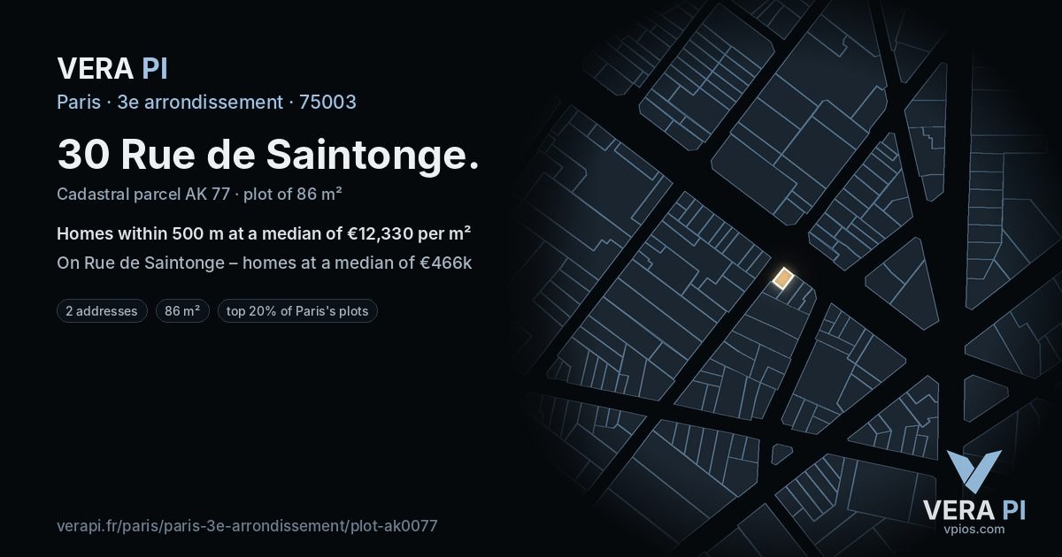 30 Rue de Saintonge, 3e arrondissement at night – the plot lit, the parcels around coloured by the prices near them
