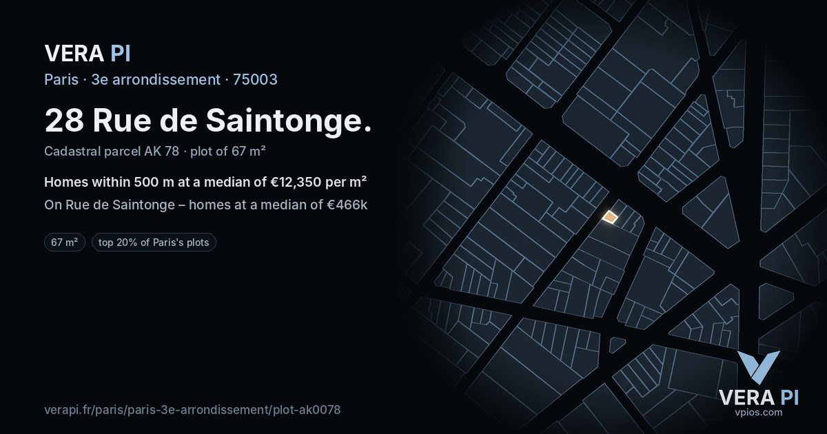 28 Rue de Saintonge, 3e arrondissement at night – the plot lit, the parcels around coloured by the prices near them