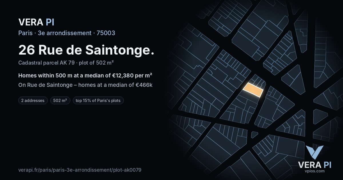 26 Rue de Saintonge, 3e arrondissement at night – the plot lit, the parcels around coloured by the prices near them