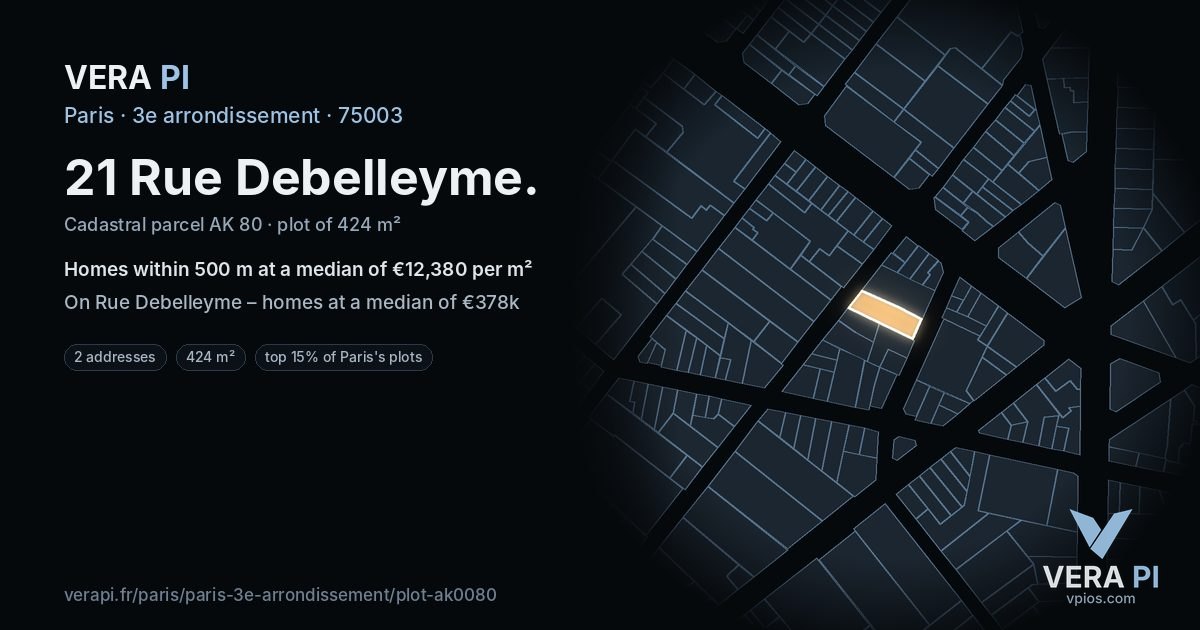 21 Rue Debelleyme, 3e arrondissement at night – the plot lit, the parcels around coloured by the prices near them