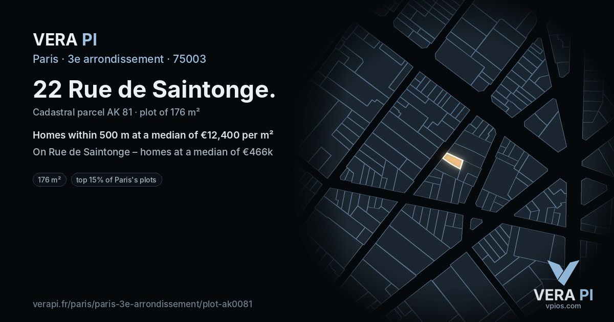 22 Rue de Saintonge, 3e arrondissement at night – the plot lit, the parcels around coloured by the prices near them