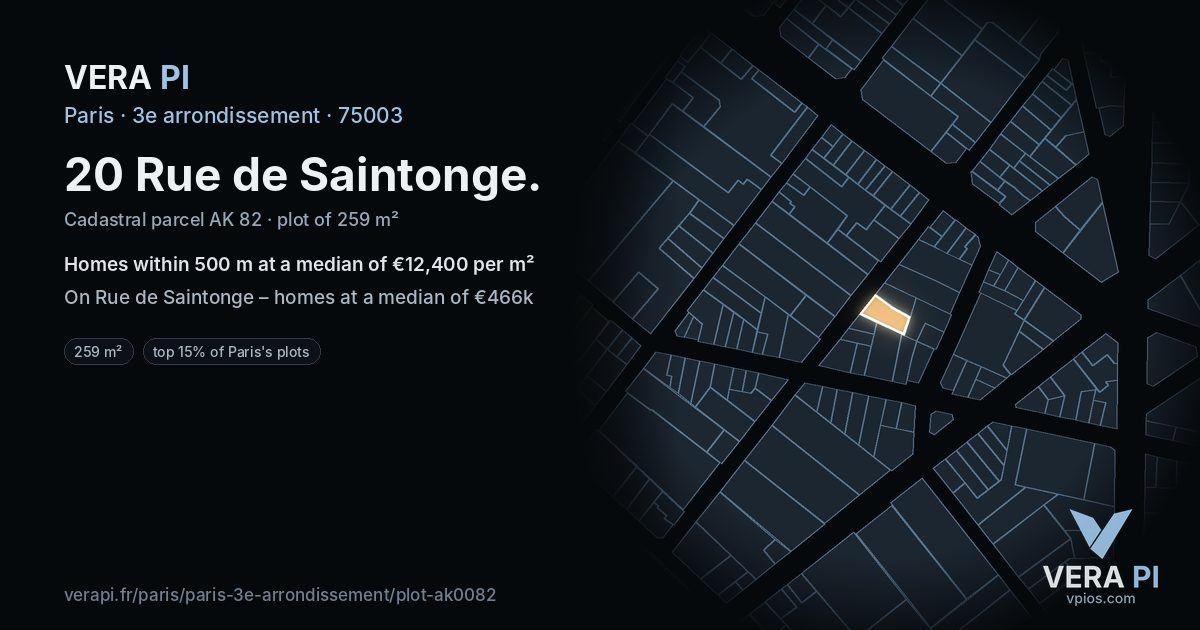 20 Rue de Saintonge, 3e arrondissement at night – the plot lit, the parcels around coloured by the prices near them