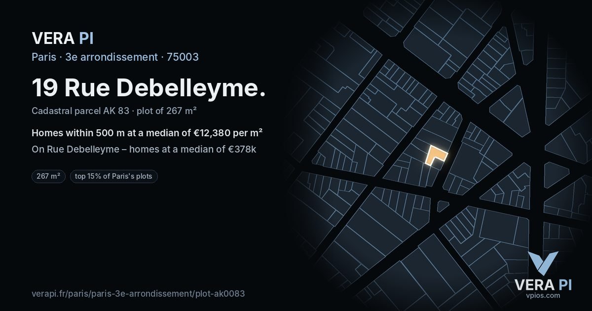 19 Rue Debelleyme, 3e arrondissement at night – the plot lit, the parcels around coloured by the prices near them
