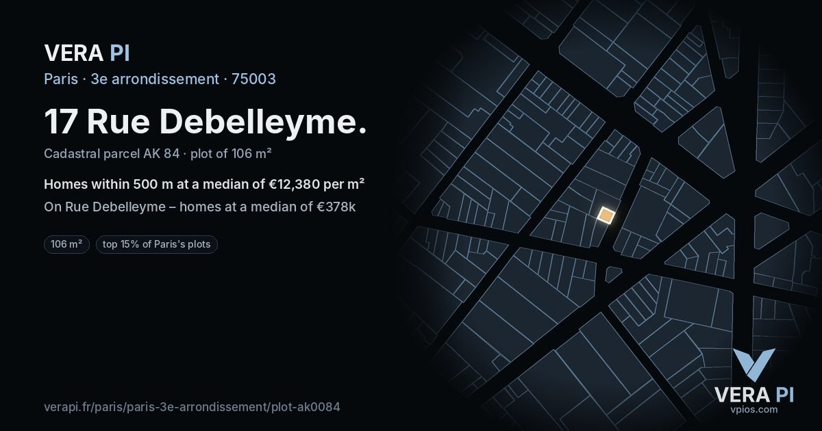 17 Rue Debelleyme, 3e arrondissement at night – the plot lit, the parcels around coloured by the prices near them