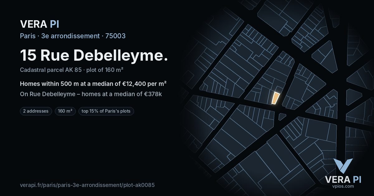 15 Rue Debelleyme, 3e arrondissement at night – the plot lit, the parcels around coloured by the prices near them