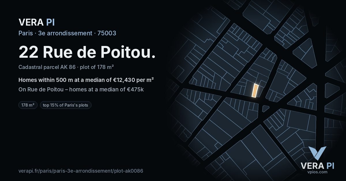 22 Rue de Poitou, 3e arrondissement at night – the plot lit, the parcels around coloured by the prices near them