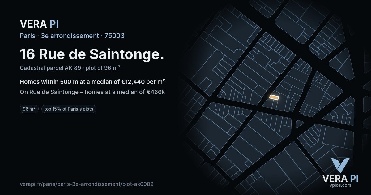 16 Rue de Saintonge, 3e arrondissement at night – the plot lit, the parcels around coloured by the prices near them