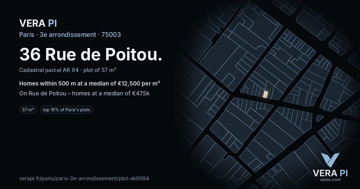 36 Rue de Poitou, 3e arrondissement at night – the plot lit, the parcels around coloured by the prices near them