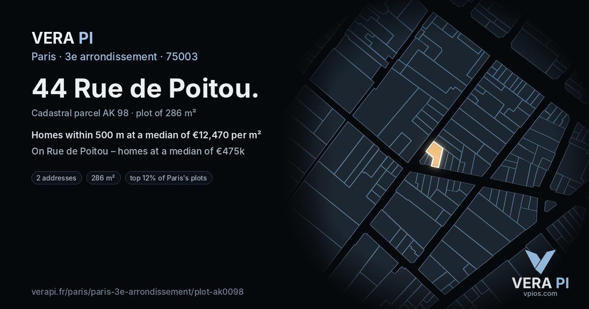 44 Rue de Poitou, 3e arrondissement at night – the plot lit, the parcels around coloured by the prices near them