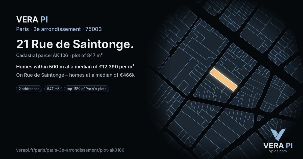 21 Rue de Saintonge, 3e arrondissement at night – the plot lit, the parcels around coloured by the prices near them