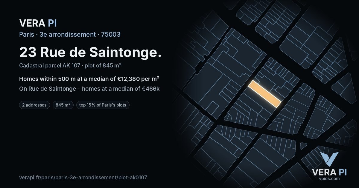 23 Rue de Saintonge, 3e arrondissement at night – the plot lit, the parcels around coloured by the prices near them