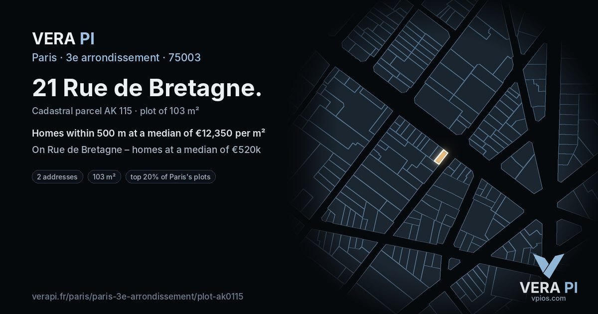 21 Rue de Bretagne, 3e arrondissement at night – the plot lit, the parcels around coloured by the prices near them