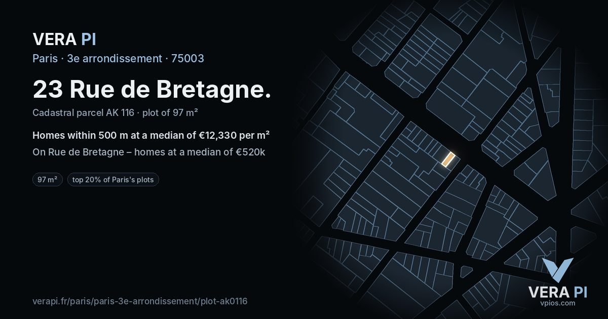 23 Rue de Bretagne, 3e arrondissement at night – the plot lit, the parcels around coloured by the prices near them