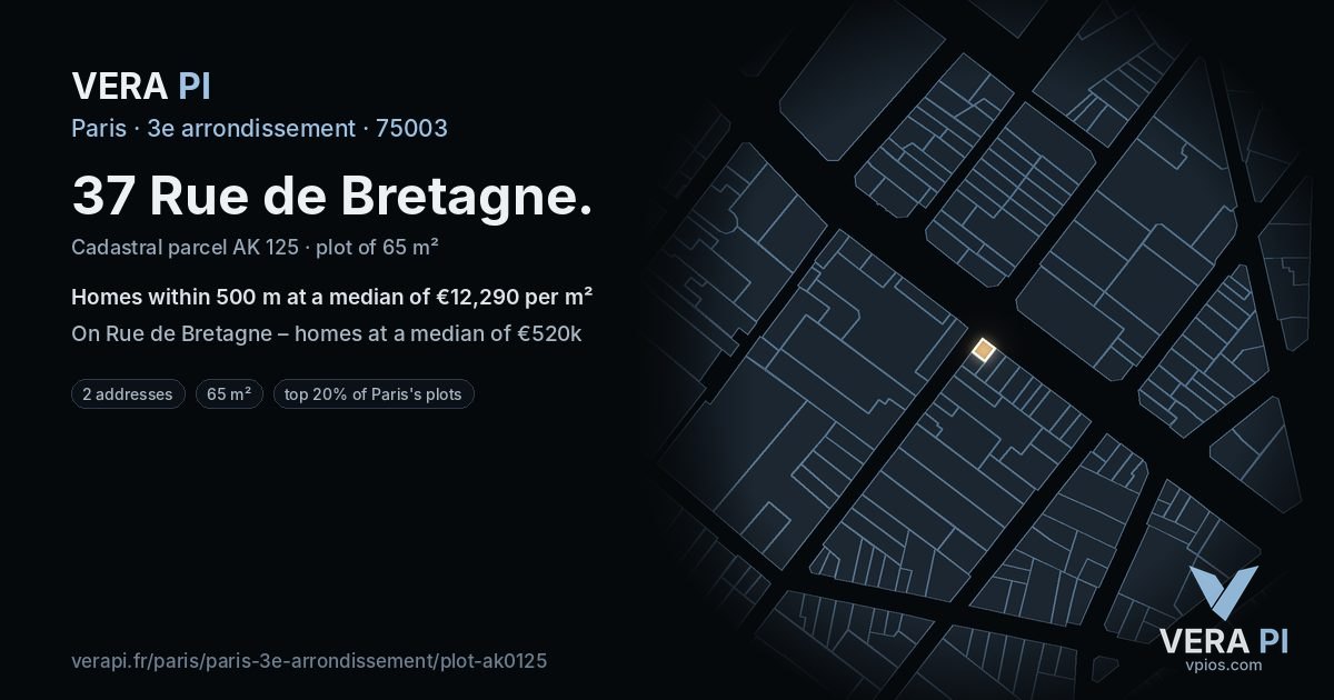 37 Rue de Bretagne, 3e arrondissement at night – the plot lit, the parcels around coloured by the prices near them