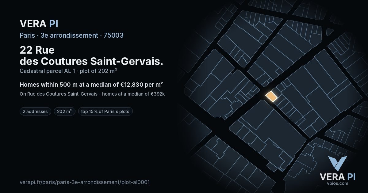 22 Rue des Coutures Saint-Gervais, 3e arrondissement at night – the plot lit, the parcels around coloured by the prices near them
