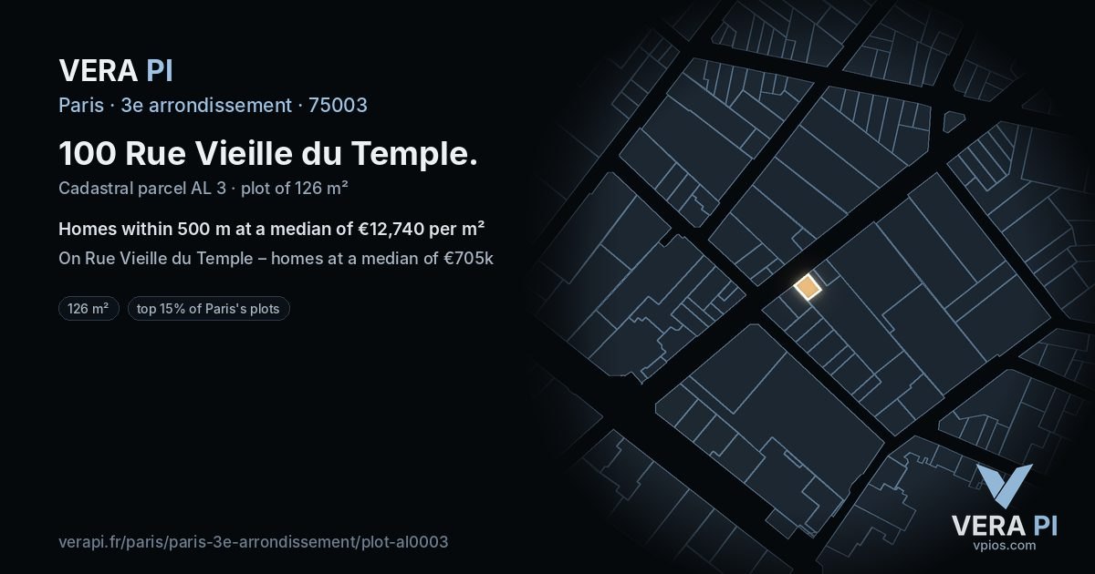 100 Rue Vieille du Temple, 3e arrondissement at night – the plot lit, the parcels around coloured by the prices near them