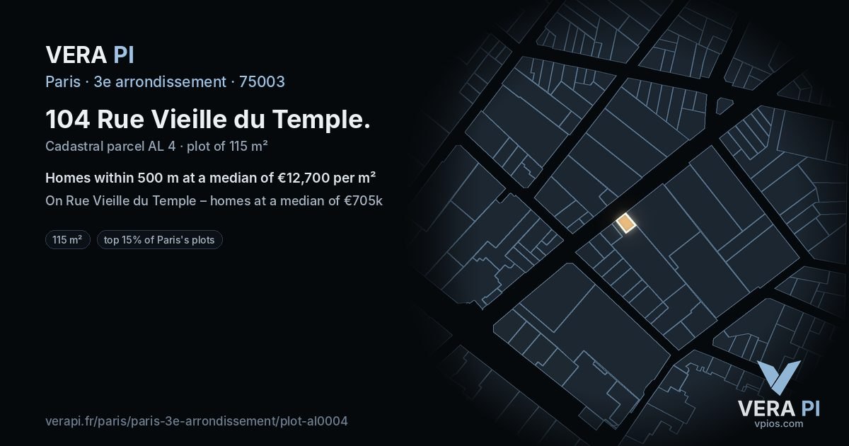 104 Rue Vieille du Temple, 3e arrondissement at night – the plot lit, the parcels around coloured by the prices near them