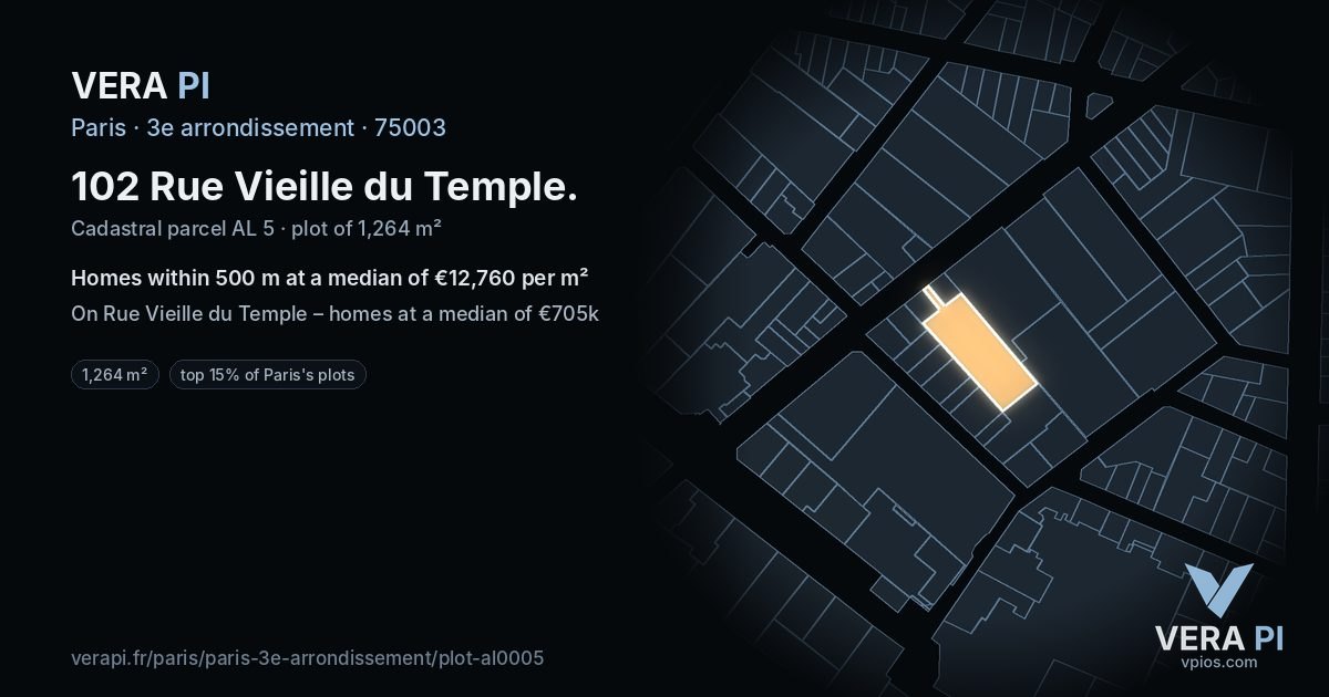 102 Rue Vieille du Temple, 3e arrondissement at night – the plot lit, the parcels around coloured by the prices near them