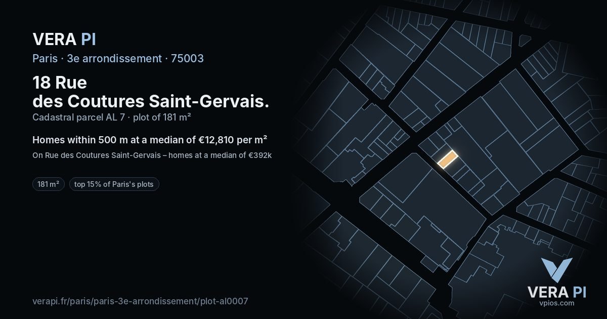 18 Rue des Coutures Saint-Gervais, 3e arrondissement at night – the plot lit, the parcels around coloured by the prices near them
