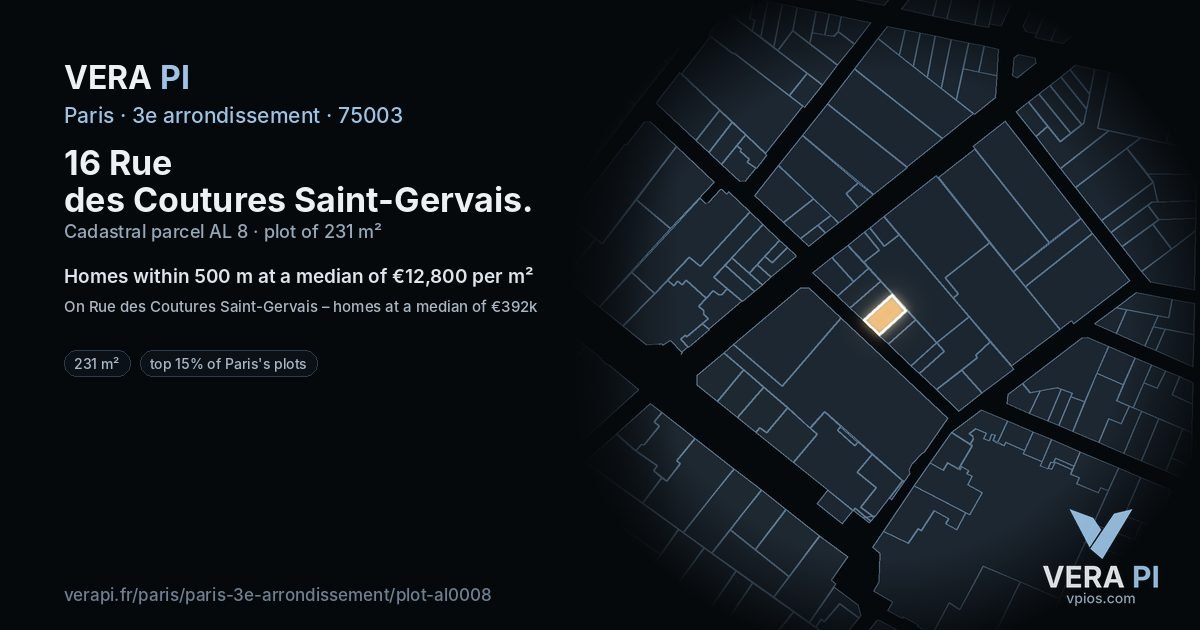 16 Rue des Coutures Saint-Gervais, 3e arrondissement at night – the plot lit, the parcels around coloured by the prices near them