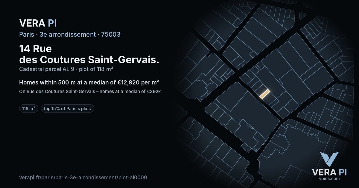 14 Rue des Coutures Saint-Gervais, 3e arrondissement at night – the plot lit, the parcels around coloured by the prices near them