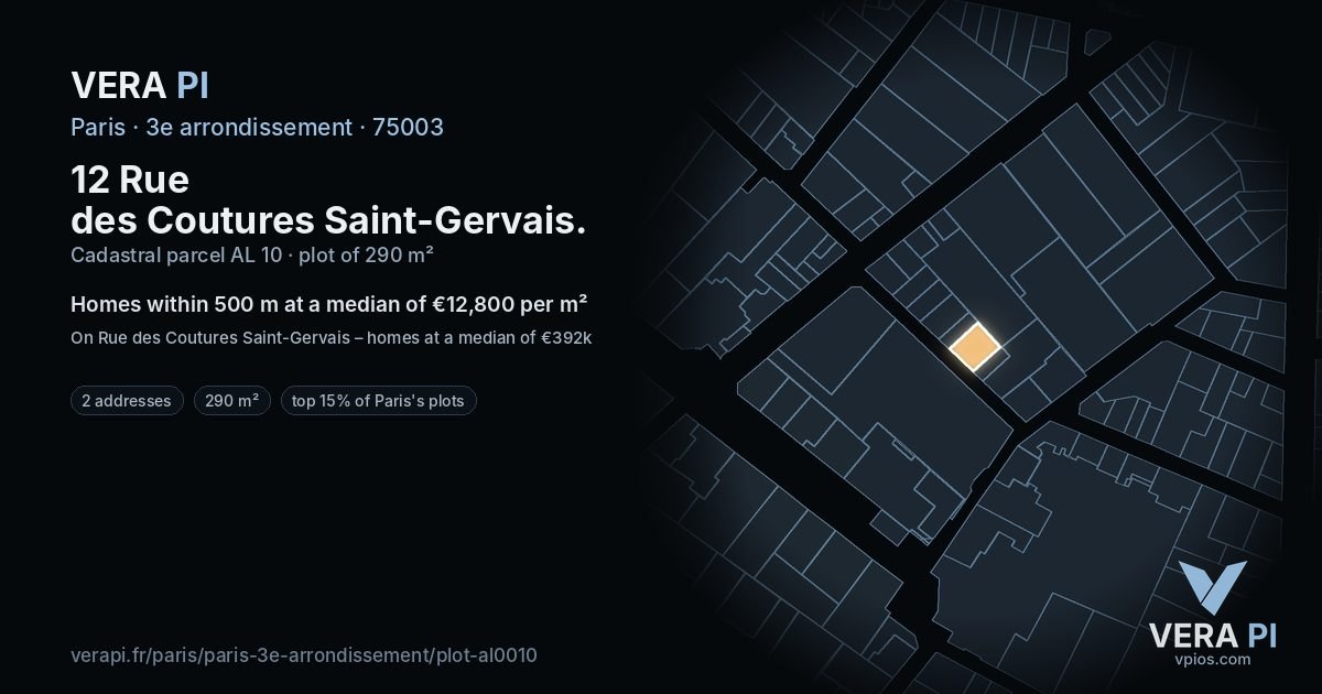 12 Rue des Coutures Saint-Gervais, 3e arrondissement at night – the plot lit, the parcels around coloured by the prices near them