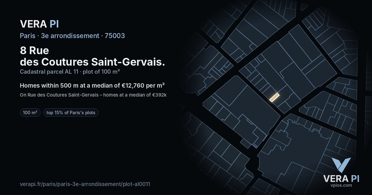 8 Rue des Coutures Saint-Gervais, 3e arrondissement at night – the plot lit, the parcels around coloured by the prices near them