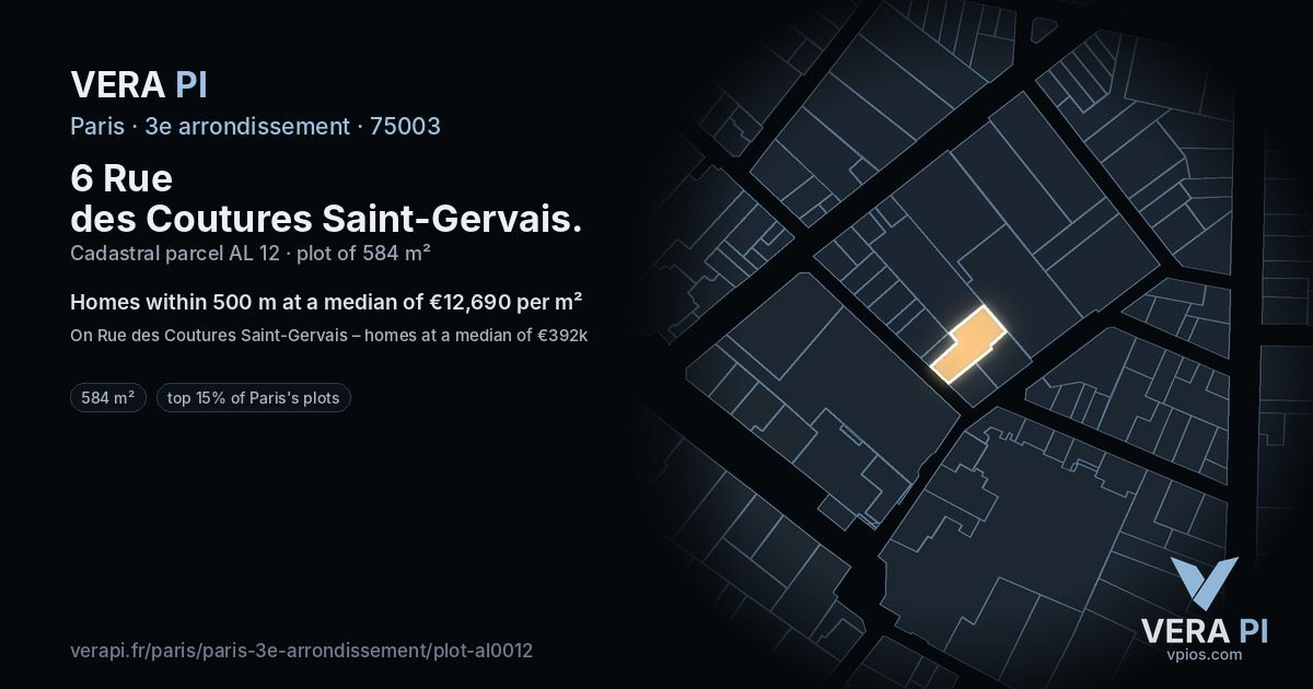 6 Rue des Coutures Saint-Gervais, 3e arrondissement at night – the plot lit, the parcels around coloured by the prices near them