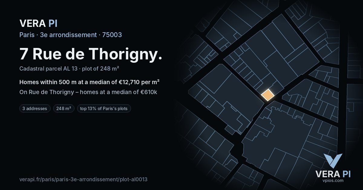 7 Rue de Thorigny, 3e arrondissement at night – the plot lit, the parcels around coloured by the prices near them