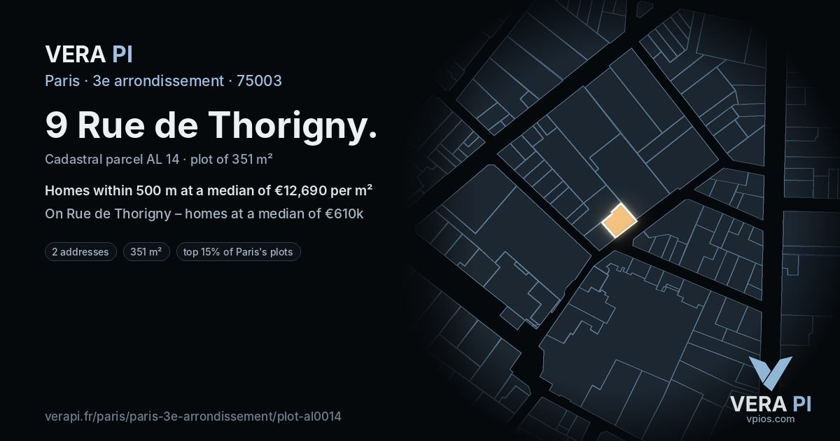 9 Rue de Thorigny, 3e arrondissement at night – the plot lit, the parcels around coloured by the prices near them
