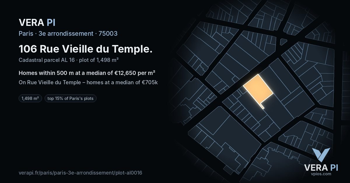 106 Rue Vieille du Temple, 3e arrondissement at night – the plot lit, the parcels around coloured by the prices near them