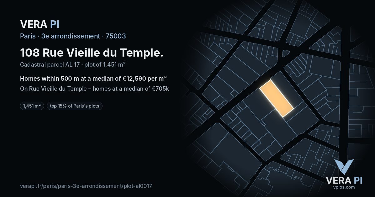 108 Rue Vieille du Temple, 3e arrondissement at night – the plot lit, the parcels around coloured by the prices near them