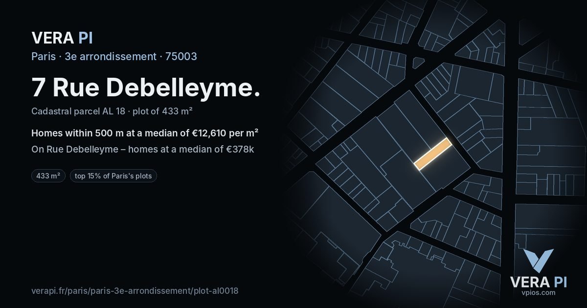 7 Rue Debelleyme, 3e arrondissement at night – the plot lit, the parcels around coloured by the prices near them