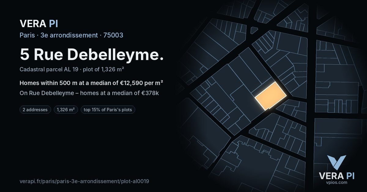 5 Rue Debelleyme, 3e arrondissement at night – the plot lit, the parcels around coloured by the prices near them