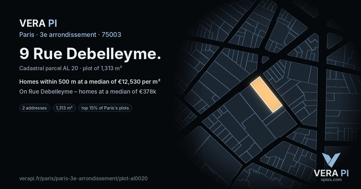 9 Rue Debelleyme, 3e arrondissement at night – the plot lit, the parcels around coloured by the prices near them