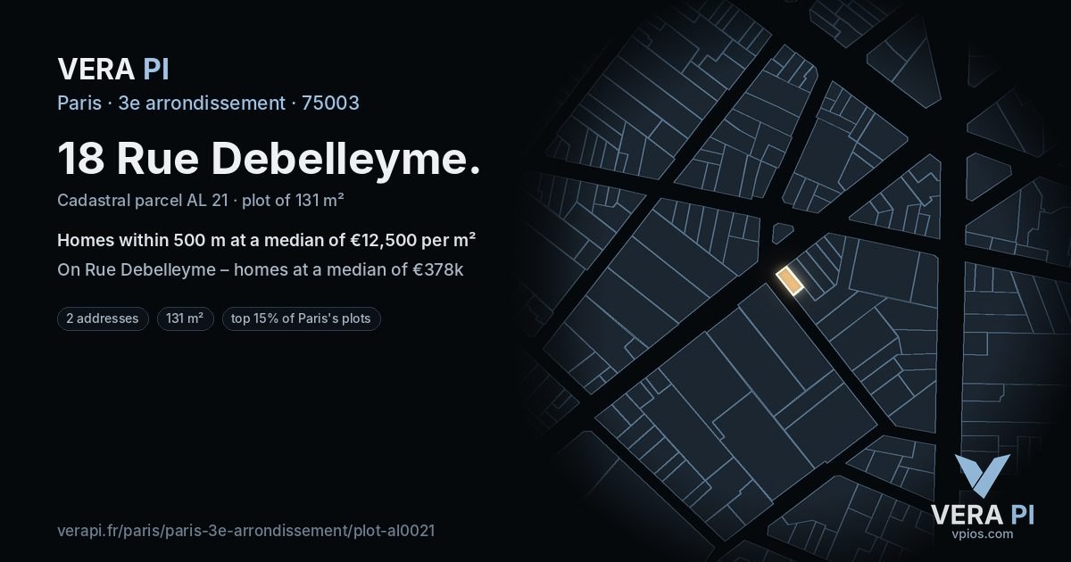 18 Rue Debelleyme, 3e arrondissement at night – the plot lit, the parcels around coloured by the prices near them