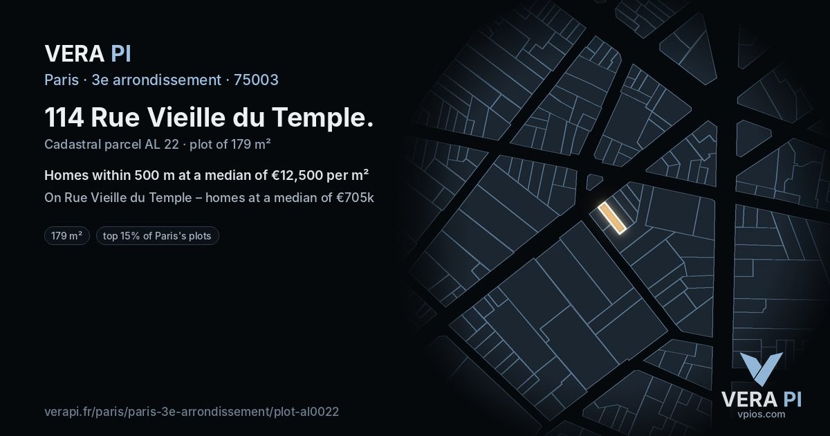 114 Rue Vieille du Temple, 3e arrondissement at night – the plot lit, the parcels around coloured by the prices near them