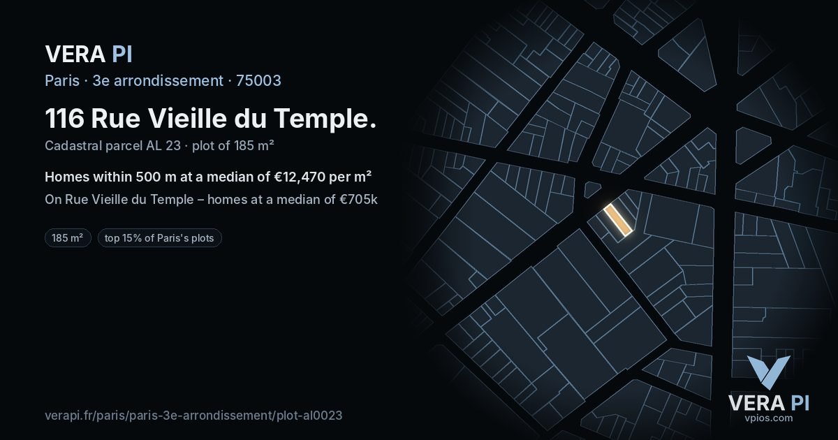 116 Rue Vieille du Temple, 3e arrondissement at night – the plot lit, the parcels around coloured by the prices near them
