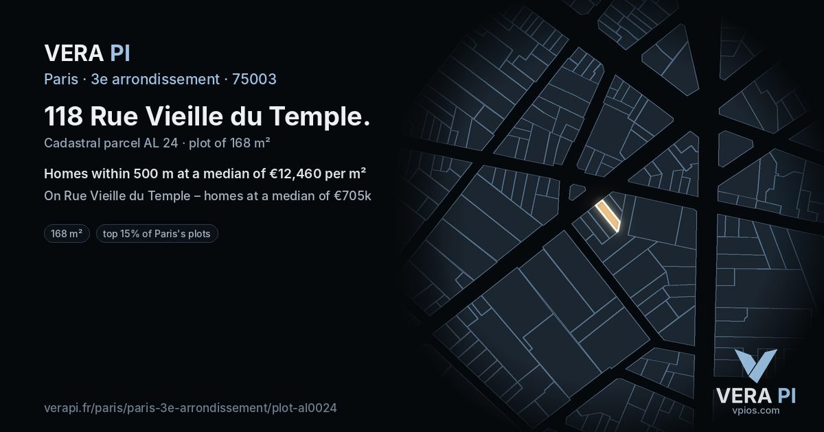 118 Rue Vieille du Temple, 3e arrondissement at night – the plot lit, the parcels around coloured by the prices near them