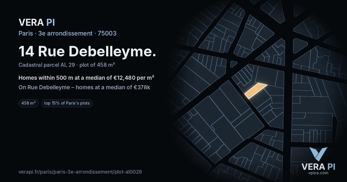 14 Rue Debelleyme, 3e arrondissement at night – the plot lit, the parcels around coloured by the prices near them