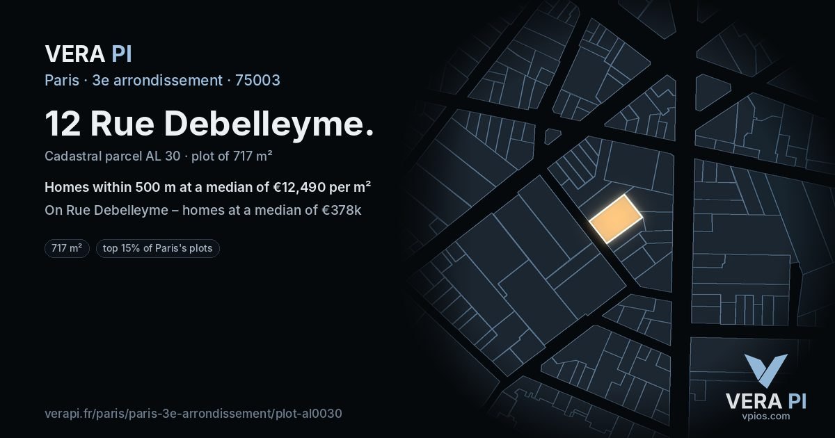 12 Rue Debelleyme, 3e arrondissement at night – the plot lit, the parcels around coloured by the prices near them