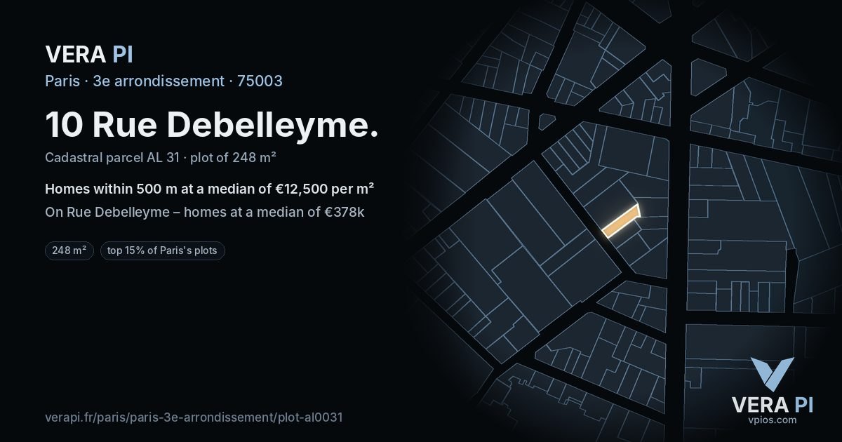 10 Rue Debelleyme, 3e arrondissement at night – the plot lit, the parcels around coloured by the prices near them