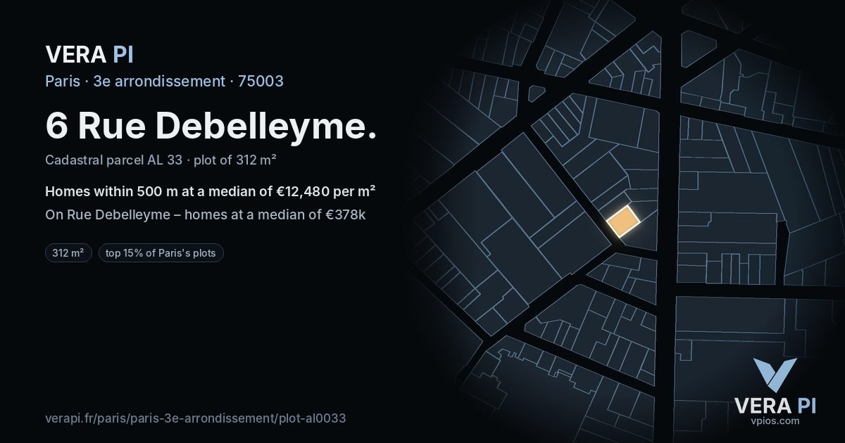 6 Rue Debelleyme, 3e arrondissement at night – the plot lit, the parcels around coloured by the prices near them