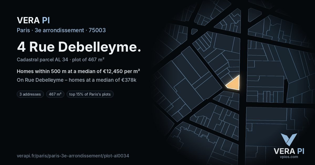 4 Rue Debelleyme, 3e arrondissement at night – the plot lit, the parcels around coloured by the prices near them
