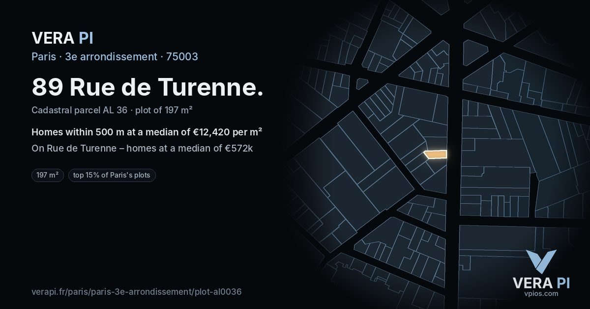 89 Rue de Turenne, 3e arrondissement at night – the plot lit, the parcels around coloured by the prices near them