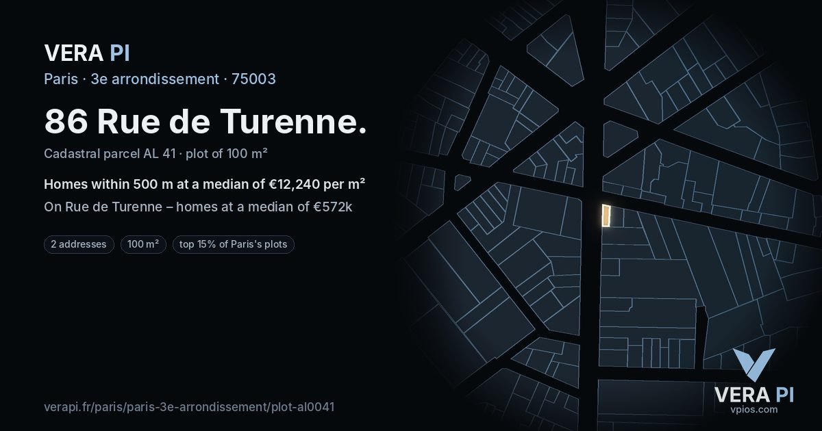 86 Rue de Turenne, 3e arrondissement at night – the plot lit, the parcels around coloured by the prices near them