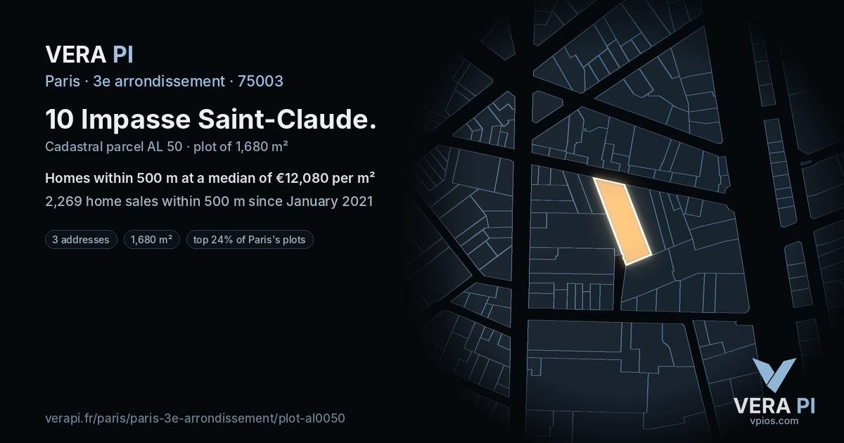 10 Impasse Saint-Claude, 3e arrondissement at night – the plot lit, the parcels around coloured by the prices near them
