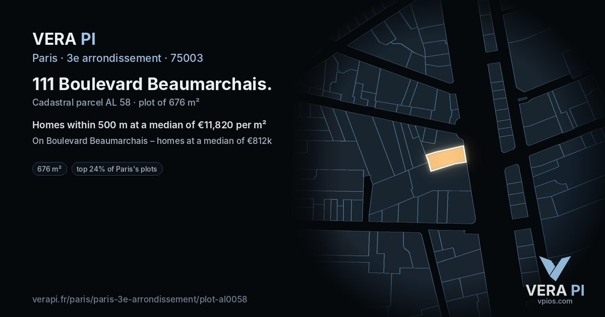 111 Boulevard Beaumarchais, 3e arrondissement at night – the plot lit, the parcels around coloured by the prices near them