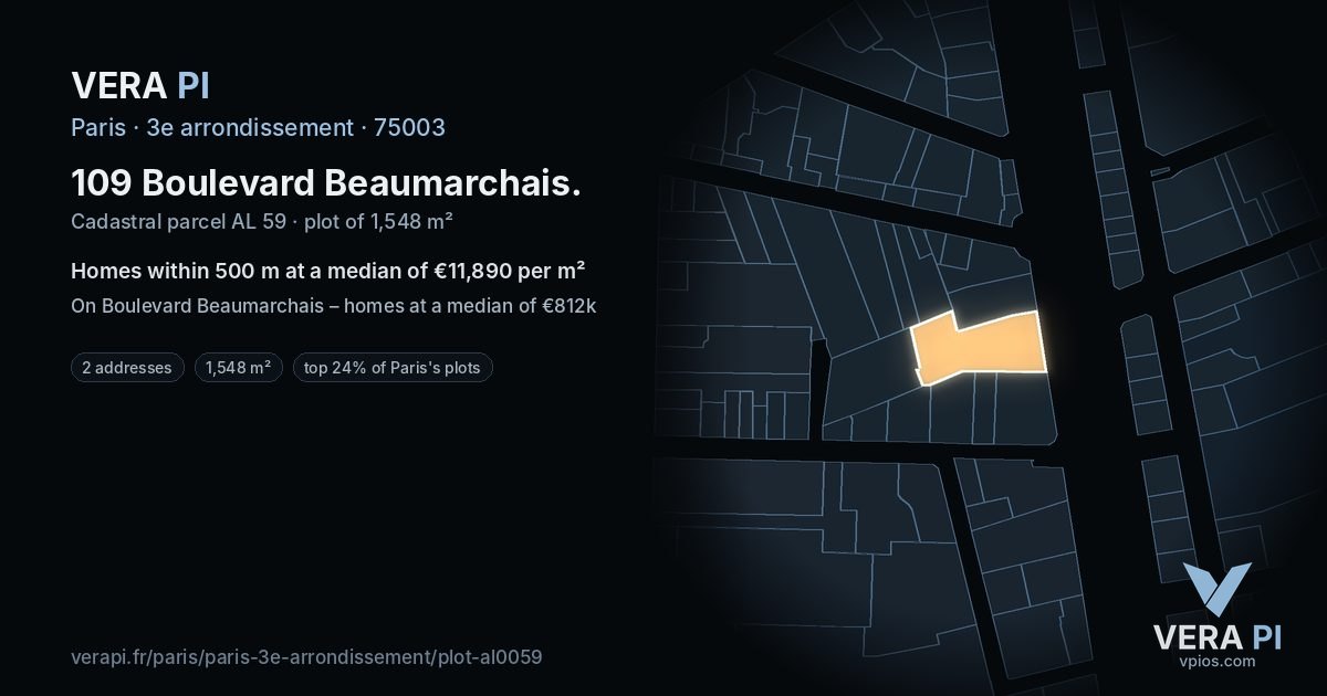 109 Boulevard Beaumarchais, 3e arrondissement at night – the plot lit, the parcels around coloured by the prices near them