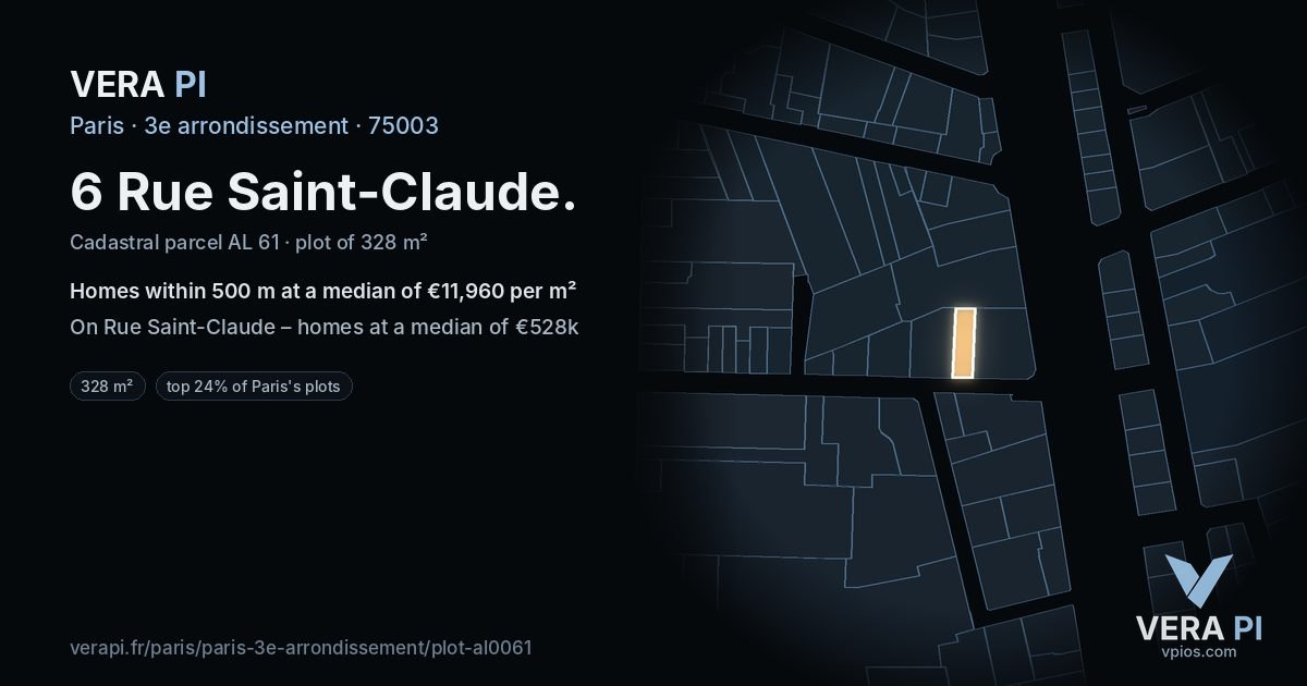 6 Rue Saint-Claude, 3e arrondissement at night – the plot lit, the parcels around coloured by the prices near them